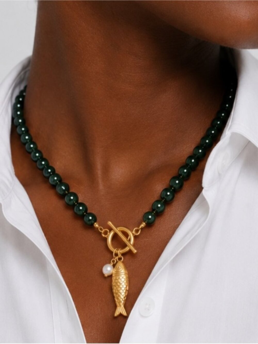 New! Coastal Deep Green Beaded Gold Fish Sardine Necklace NWOT